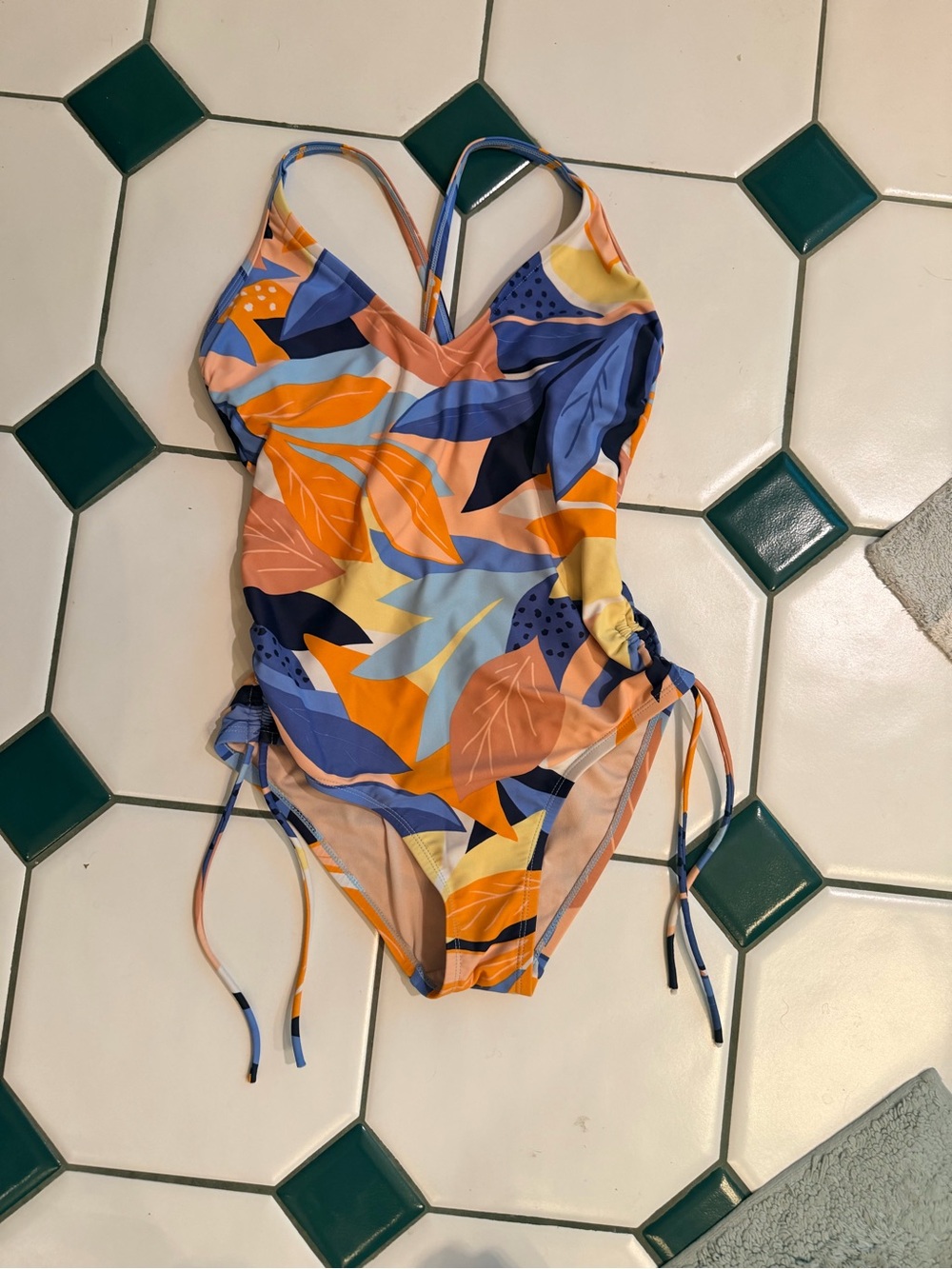 Kona Sol Orange, Blue & Yellow Leaf-Print One-Piece Swimsuit